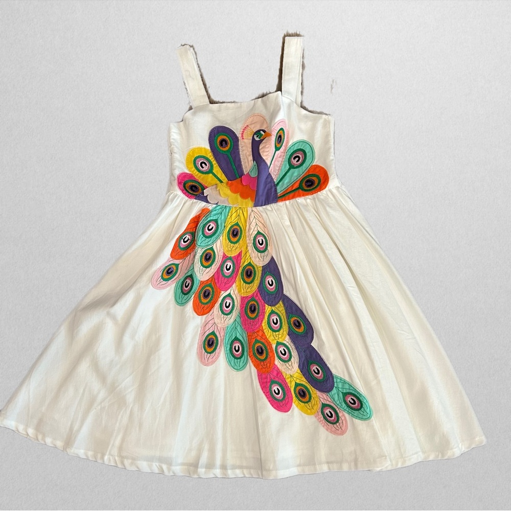 White Dress with Colorful Peacock Design